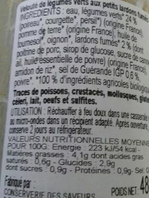 List of product ingredients Velouté de légumes verts petits lardons fumés Conserverie des Saveurs 