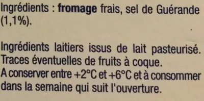 Lista de ingredientes del producto Le Fromage Fouetté Paysan Breton 180g