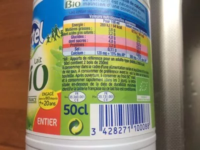 List of product ingredients Lait entier bio Lactel 50 cl