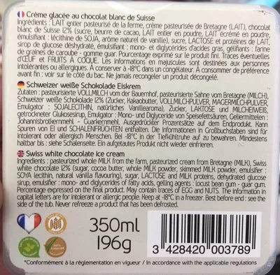List of product ingredients Glace Chocolat Blanc de Suisse Erhard 350 ml / 196 g