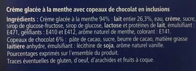 List of product ingredients Crème glacée menthe Metro Chef, Metro 1250 g - 2500 ml