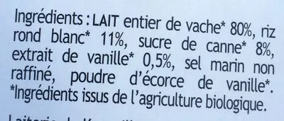 Lista de ingredientes del producto Riz au lait au lait entier et vanille de Madagascar Kerguillet 250 g (2 x 125 g)