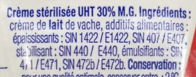 Liste des ingrédients du produit Crème semi épaisse Elle & Vire, Savencia 20 cl