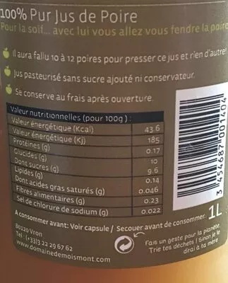 Liste des ingrédients du produit Jus de poire Domaine de Moismont 1 L