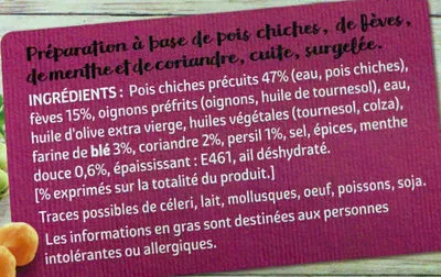 List of product ingredients Falafels fèves, menthe & coriandre Mon repas végétal 400 g
