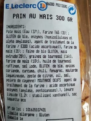Liste des ingrédients du produit Pain au maïs  