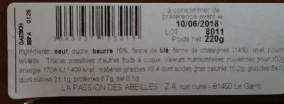 List of product ingredients Gâteau aux châtaignes La passion des abeilles, La passion des abeilles 220 g