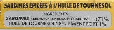 Lista de ingredientes del producto Spiced Sardines In Vegetable Oil Hot Titus, Unimer 125 g