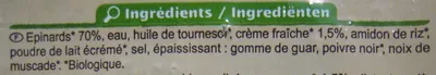 Liste des ingrédients du produit Épinards hachés à la crème Carrefour Bio 600 g