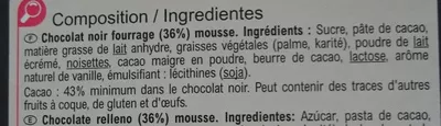 Lista de ingredientes del producto Carrefour Les carrés fondants Chocolat noir Fourrage Mousse Carrefour 160 g