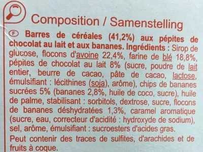 List of product ingredients Barres céréales Chocolat Banane Produits Blancs, Carrefour 200 g