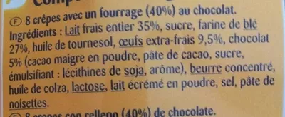 Liste des ingrédients du produit CRÊPES fourrage au Chocolat Carrefour 256 g (8 x 32 g)