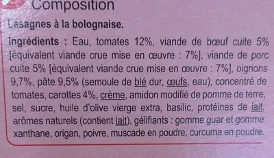 Liste des ingrédients du produit Lasagnes à la Bolognaise Carrefour, CMI (Carrefour Marchandises Internationales), Groupe Carrefour 300 g 