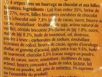 List of product ingredients CRÊPES fourrage au Chocolat et aux billes biscuitées Carrefour Kids, Carrefour 256 g (8 x 32 g)
