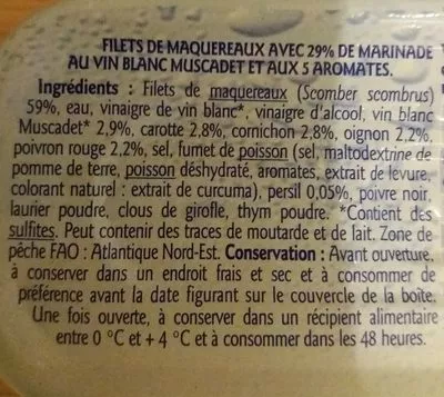 List of product ingredients Filets de maquereaux sauce au Muscadet et aux 5 aromates Grand Jury 176 g