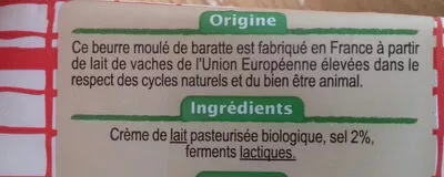 Liste des ingrédients du produit Beurre moulé de baratte Demi-sel Bio Carrefour BIO 250 g