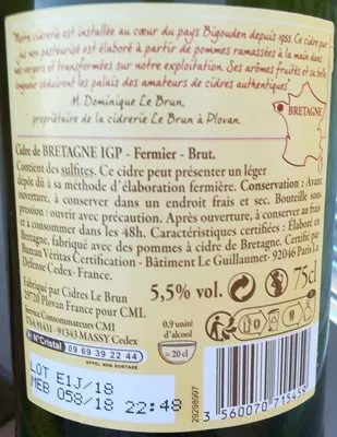 Lista de ingredientes del producto Cidre fermier de Bretagne brut Reflets de France, Carrefour, Cidres Le Brun 75 cl