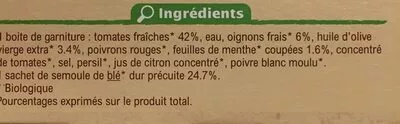 Lista de ingredientes del producto Taboulé à l'huile d'olive vierge extra 3.4% et à la menthe Carrefour Bio, Carrefour 730 g