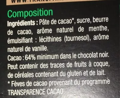 Lista de ingredientes del producto Noir menthe Carrefour 100 g