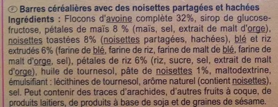 Lista de ingredientes del producto Barres céréales noisette Carrefour 125 g   (6 x 20,83 g)