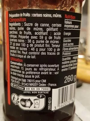 List of product ingredients Confiture Cerise Noir Mûre Carrefour, Carrefour Sélection 260 g
