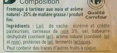 Liste des ingrédients du produit Fromage à tartiner Noix, aromatisé Carrefour 180 g (9 x 20 g)