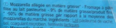 Lista de ingredientes del producto Mozzarella light* (9 % MG) Carrefour, CMI (Carrefour Marchandises Internationales), Groupe Carrefour 240 g (125 g net égoutté)