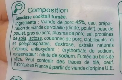 Liste des ingrédients du produit Saucisses cocktail fumées Produits Blancs 400 g