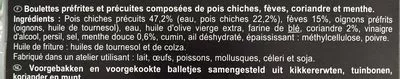 Liste des ingrédients du produit Falafels Pois chiche, Fève, Coriandre, Menthe Carrefour 200 g