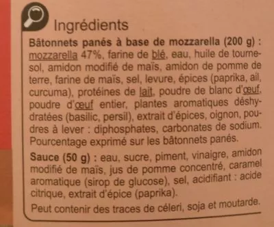 Liste des ingrédients du produit Mozzarella sticks Carrefour 