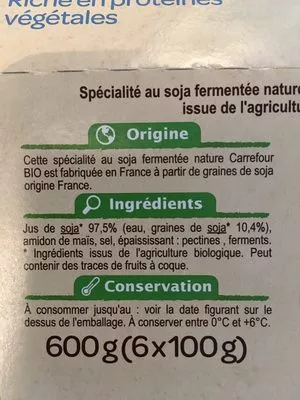 Liste des ingrédients du produit Soja Nature Carrefour Bio 6 x 200 g