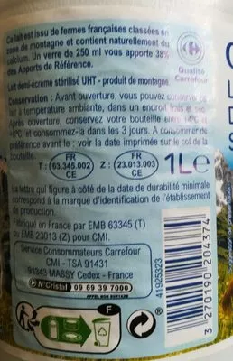 Liste des ingrédients du produit Lait de montagne Carrefour 8 x 1 l