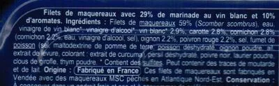Lista de ingredientes del producto Filets de Maquereaux marinés au vin blanc et aromates carrefour 176 g