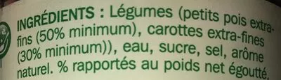 List of product ingredients Petits pois carottes Notre Jardin, Marque Repère 3 x 130 g