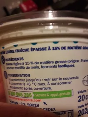 Liste des ingrédients du produit Crème légère 15 % Mat. Gr. Délisse, Marque Repère 20 cl