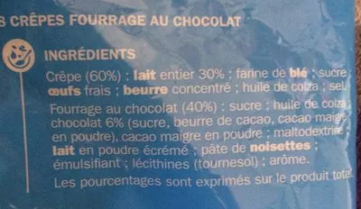 List of product ingredients Crêpes fourrées chocolat x 8 P'tit Déli, Marque Repère 256 g