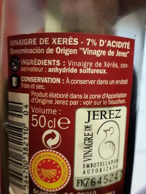 Lista de ingredientes del producto Vinaigre de Xeres 7° Rustica, Marque Repère 50 cl