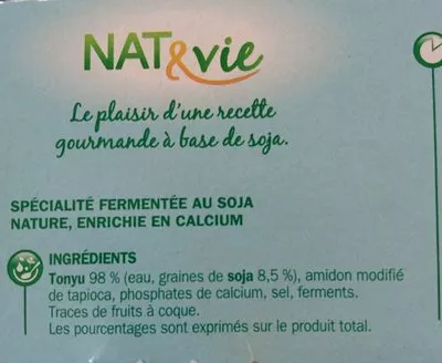 Lista de ingredientes del producto Spécialité au soja nature Nat & Vie, Marque Repère 6 x 100 g