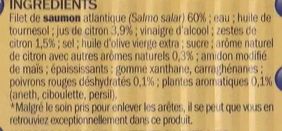 Liste des ingrédients du produit Filet de Saumon sauce citron Pêche Océan, Marque Repère 190 g