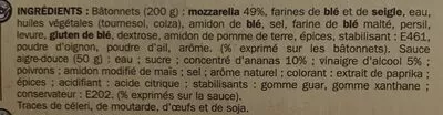 Liste des ingrédients du produit Mozzarella sticks sauce aigre-douce Marque Repère,  Pic'Express 250 g