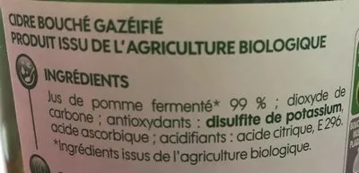 Lista de ingredientes del producto Cidre bouché bio 4 ° Bio Village, Marque Repère 75 cl