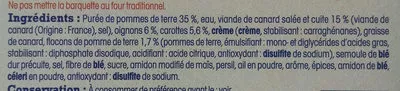Liste des ingrédients du produit Parmentier de canard préparé en Aveyron Nos regions ont du talent, Leclerc 300 g