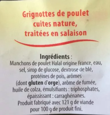 Lista de ingredientes del producto Grignotte poulet Reghalal Nature sachet Réghalal 250 g