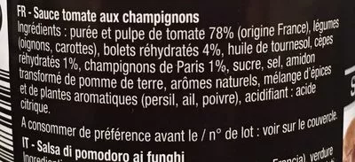 List of product ingredients Sauce champignons bolets et cèpes Les Délices de Savino 190 g