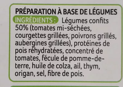 Liste des ingrédients du produit Galettes aux légumes confits Ensoleil'ade, Vég à table 150 g