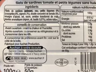 Liste des ingrédients du produit Filet de sardines tomate et petits légumes sans huile Auchan 100 g