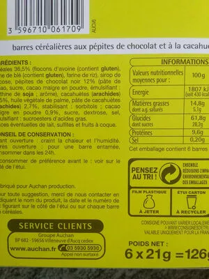 List of product ingredients 6 Barres Céréalières Chocolat-Cacahuètes Pouce, Auchan 126 g e (6 * 21 g)