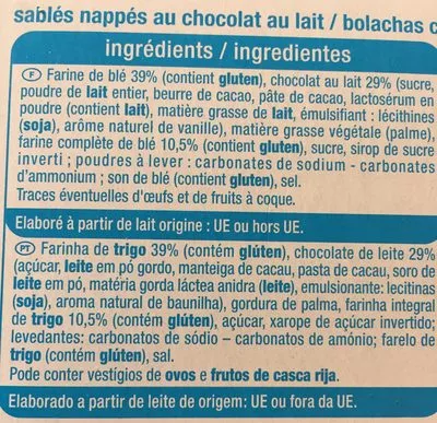Liste des ingrédients du produit Sablés nappés chocolat au lait Auchan 200 g e