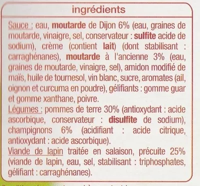 Liste des ingrédients du produit Lapin aux deux moutardes et ses pommes de terre Auchan 300 g (1 personne)