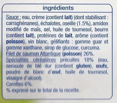 List of product ingredients Saumon Atlantique sauce oseille et ses torsades Auchan, L'oiseau, Auchan Production, Groupe Auchan 300 g